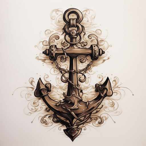Black anchor on light brown background, black and white ink style