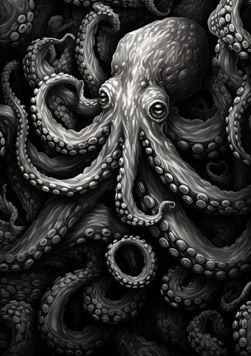 Engraving of an octopus with tentacles, precise black and white art