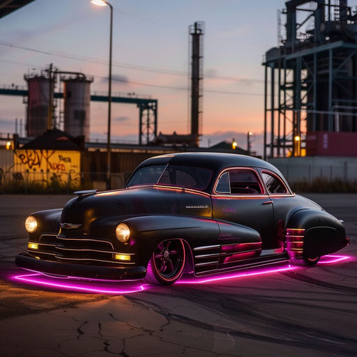 Elevated classic coupe with custom matte black paint and neon lights cruising in urban industrial area at dusk
