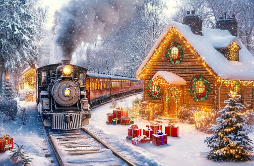 Vintage steam train in the snow with Christmas wreaths and gifts near a wooden cabin