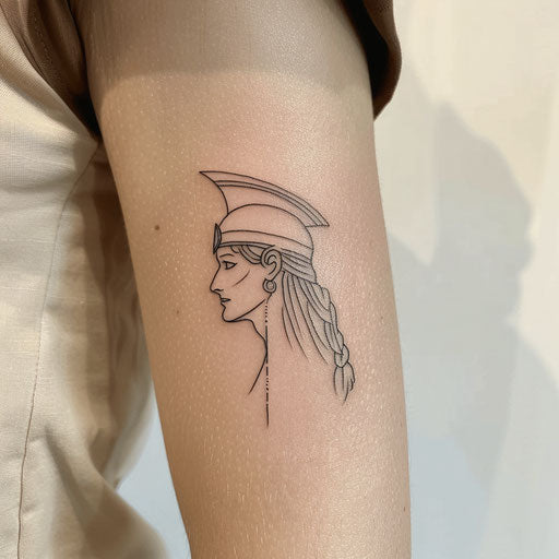 Minimalist line art tattoo of Athena, goddess of wisdom