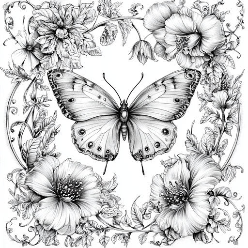 Flower and butterfly surrounded by intricate botanical designs