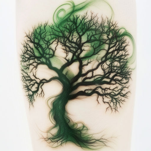 Smoke tattoo of intricate tree of life in emerald green