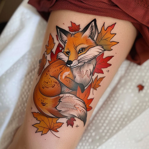 Fox among autumn leaves