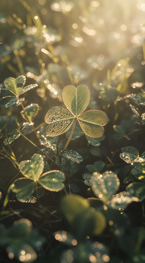 Four-leaf clover in the grass under the sunlight
