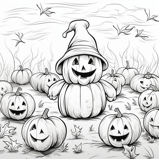 Pumpkin coloring pages with pumpkins in Halloween costume, in monochrome ink, subtle, ilford pan f, toyen