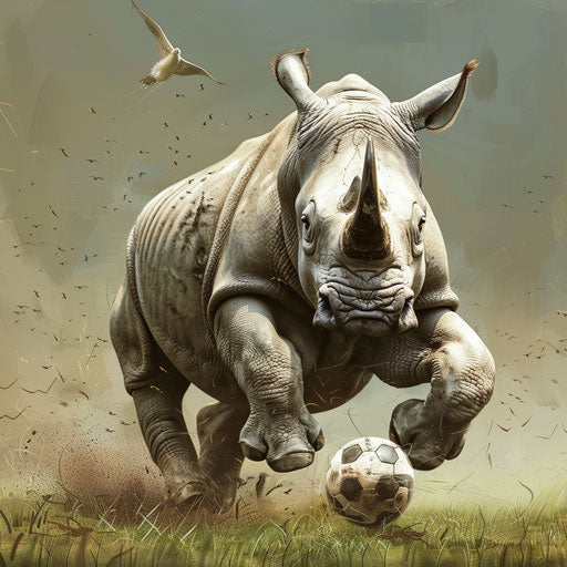 A rhino skillfully playing soccer match