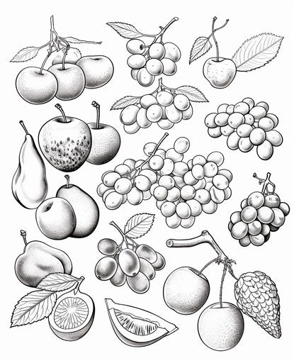 Black and white fruit coloring page, turquoise and dark magenta style