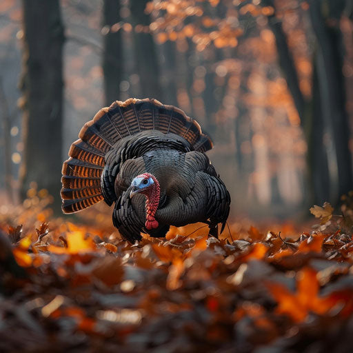 Wild turkey among autumn leaves, Vincent Munier style