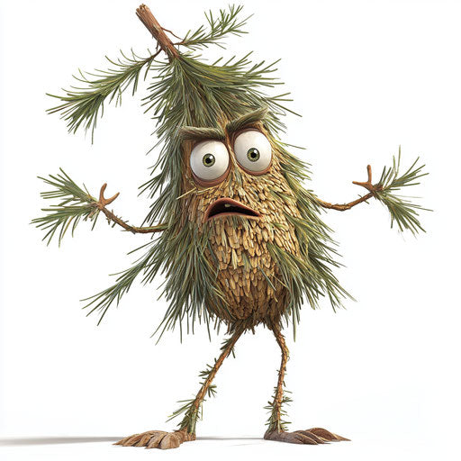 Humorous caricature of a pine tree with human characteristics