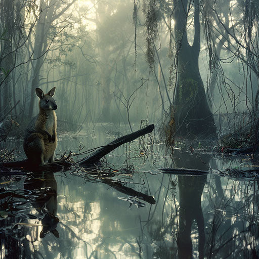 Swamp wallaby alert near dark water