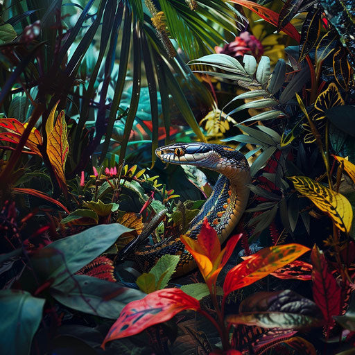 Snake slithering through vibrant jungle undergrowth