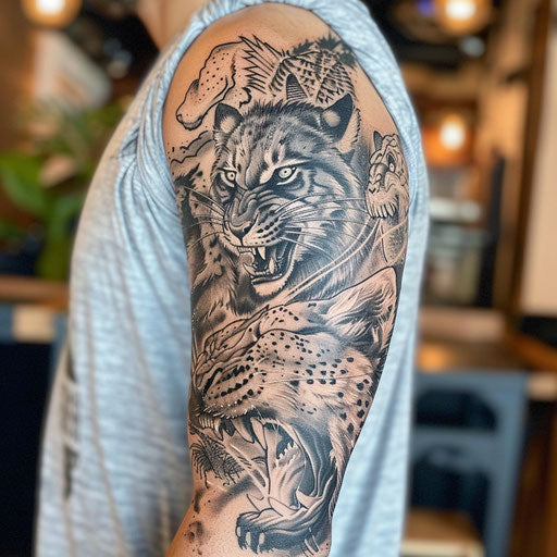 Arm tattoo with fierce animal designs, in the style of Ami James