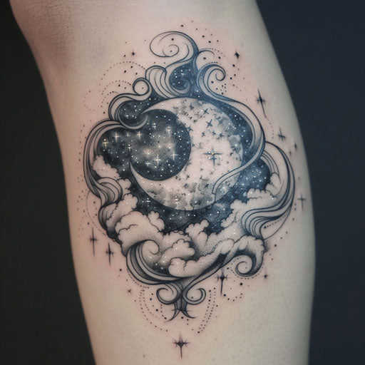 Crescent moon surrounded by swirling mist and metallic stars