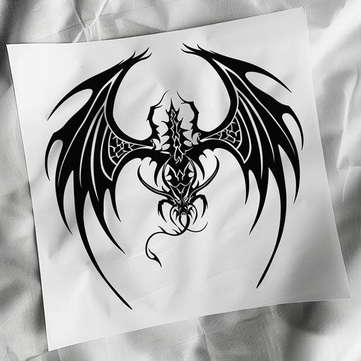 Tribal dragon wings tattoo stencil with bold black lines on a white sheet