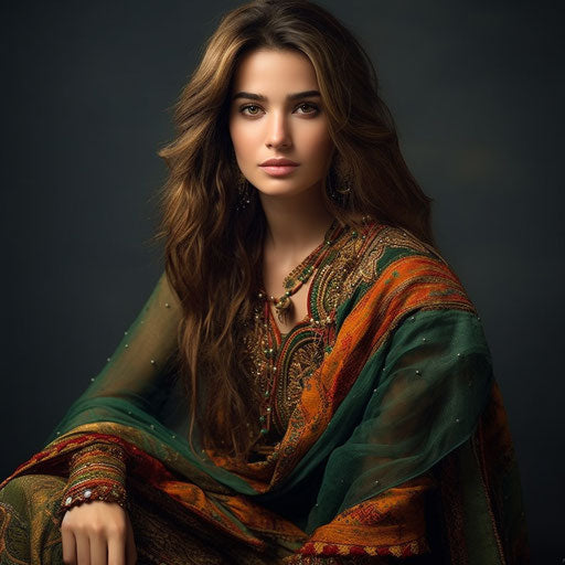 Beautiful woman in green Pakistani outfit, dark red and light blue style