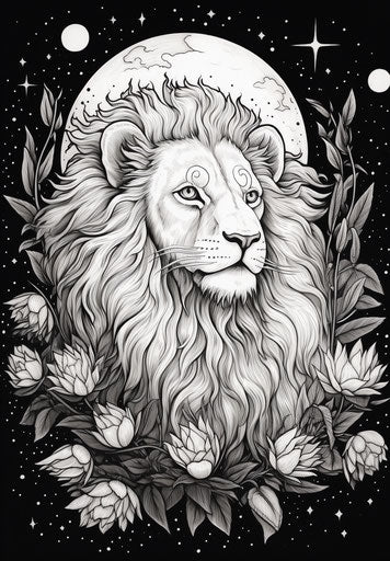 A tattoo of a lion in the night sky with a lotus flower