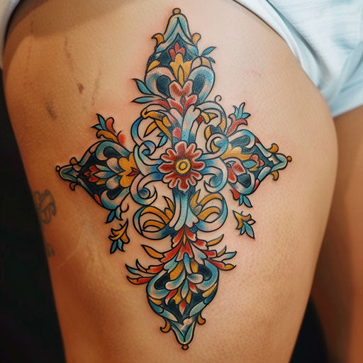 Illuminated manuscript style strength cross tattoo