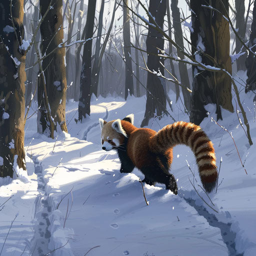 Red panda leaving tracks in fresh snow