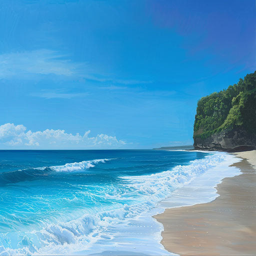 Uluwatu Beach, Indonesia with gentle waves under a clear blue sky