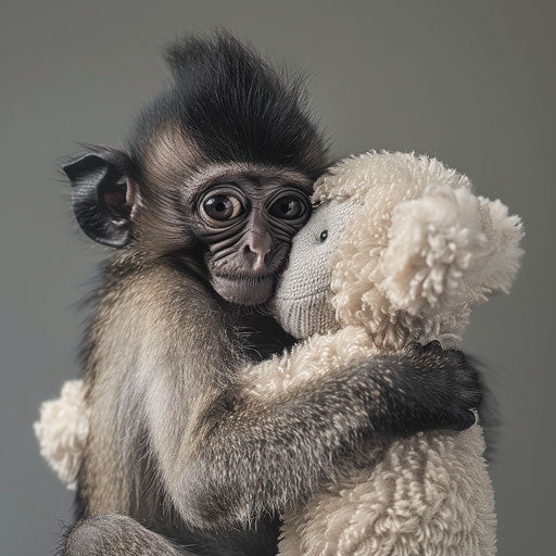 Adorable monkey embracing a stuffed toy