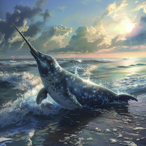 A narwhal near the seashore, curious about the world above