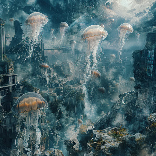 Post-apocalyptic landscape with jellyfish floating in the air