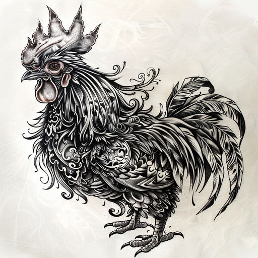 Gothic rooster tattoo design on white canvas