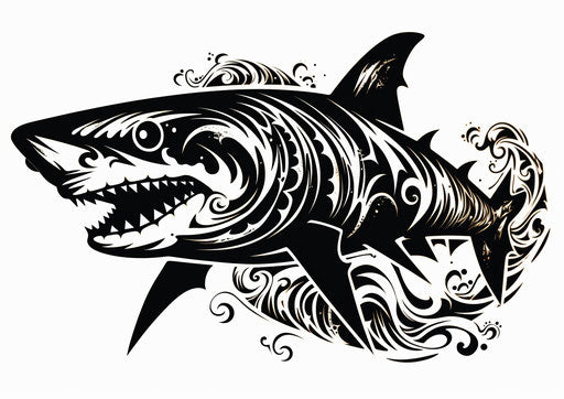 Tribal shark tattoo design, black-and-white graphic