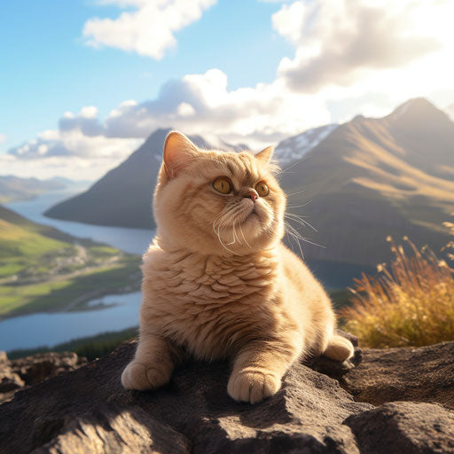 Exotic shorthair cat sitting in front of mountain scenery