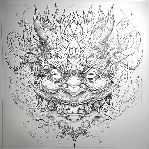 Black and white linework of an oni's face with patterns