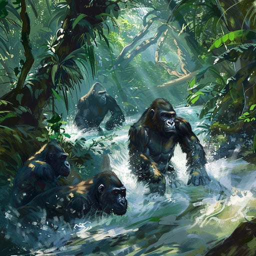 Gorillas crossing a river with care