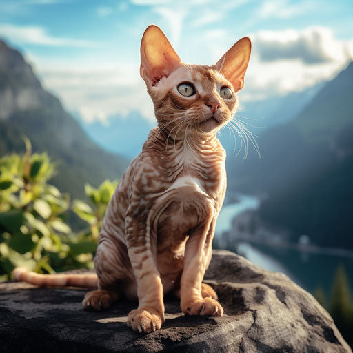 Devon rex cat sitting in front of mountain scenery
