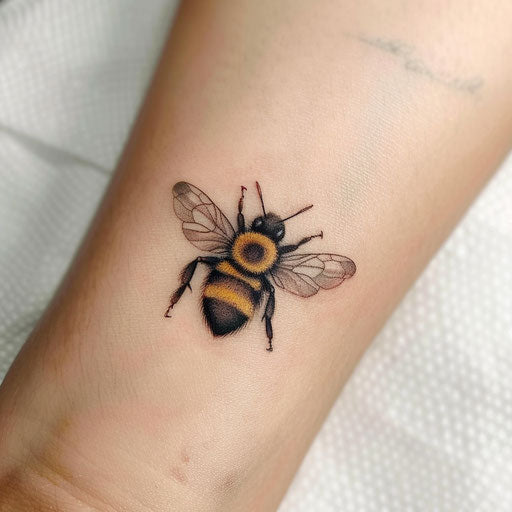 Small minimal bee tattoo design in black and yellow ink on white