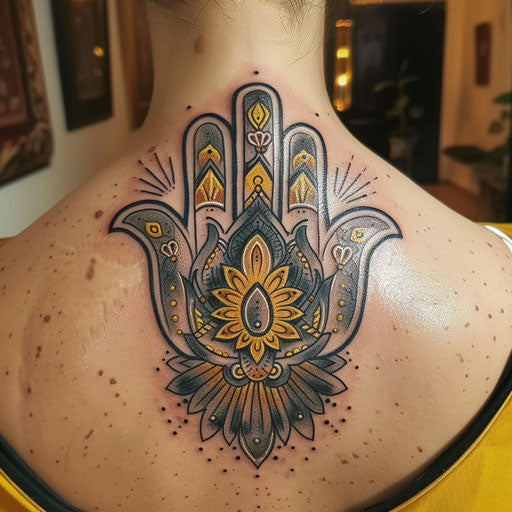 Art deco style hamsa tattoo with symmetrical lines and glamorous gold and black colors on white