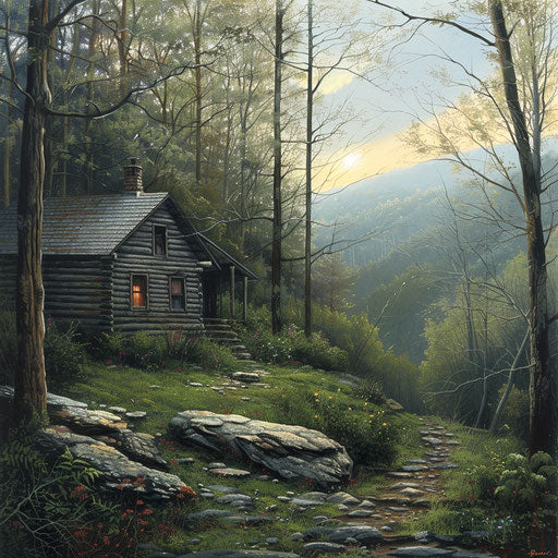 Mountain forest cabin, sunrise, spring