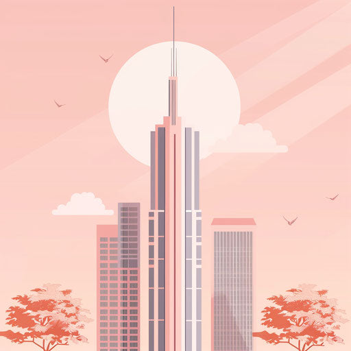Serene palette and meticulous details with realistic skyscraper clipart on flat, dusky rose background