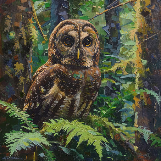 Piercing gaze of a northern spotted owl in Pacific Northwest forest