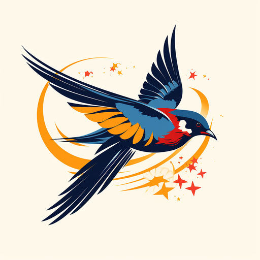 Flight of a swallow with a blue bird in the foreground