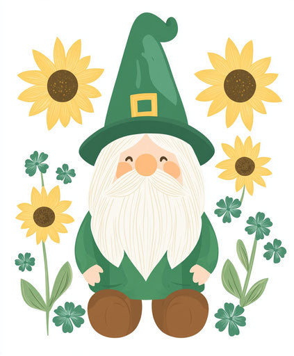 St. Patrick's Day Gnome with Green Hat, Sunflowers, and Shamrocks: Vector Flat Icon Design