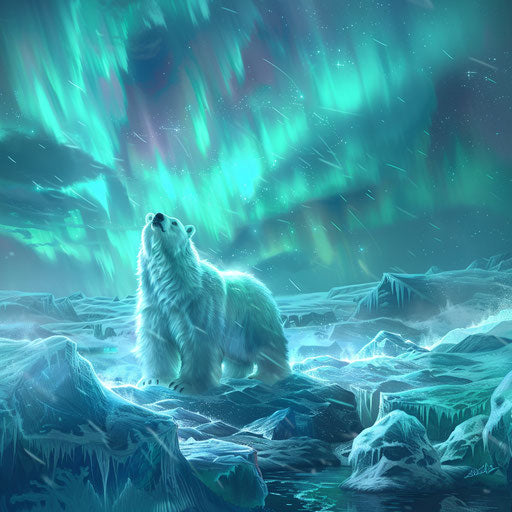 Polar bear among ice sculptures with northern lights