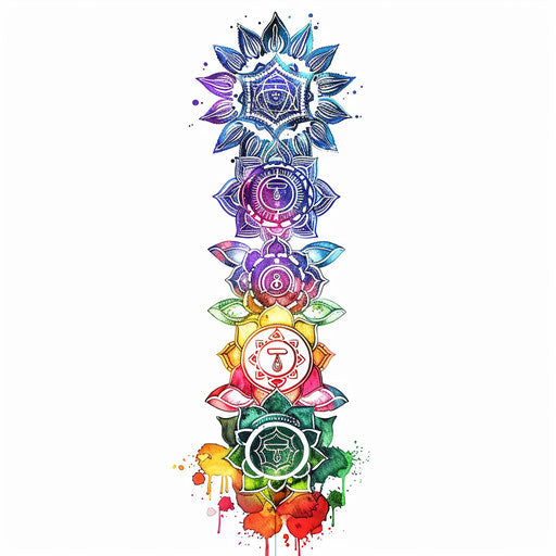 Tattoo illustration of seven aligned chakras, vibrant colors and traditional symbols on white background