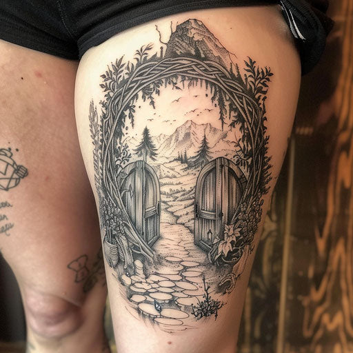 Knee tattoos in the style of Peter Jackson with a hobbit door