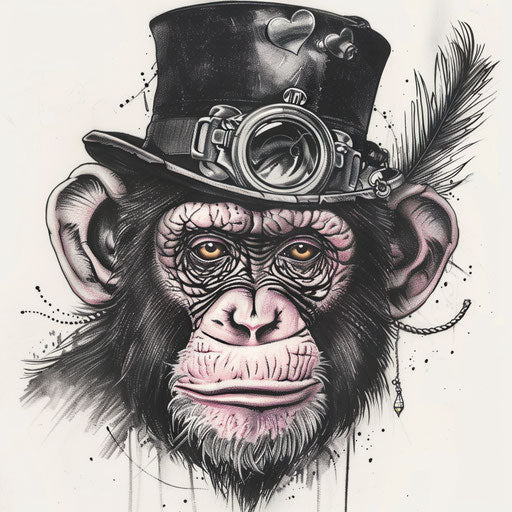 Vintage monkey in top hat and monocle, detailed tattoo