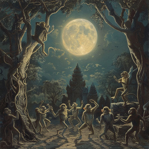 Mystical scene of monkeys dancing under the full moon