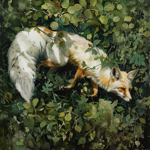 White tail fox hunts in underbrush of dense green forest