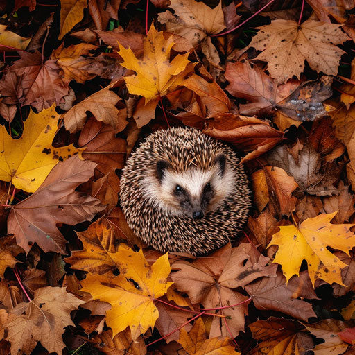 Hedgehog curled up in a bed of autumn leaves