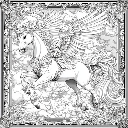 Intricate pegasus in a mythological scene
