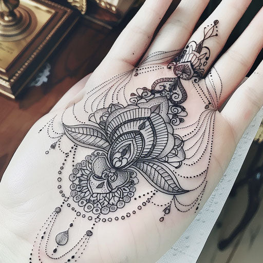 Elegant hamsa tattoo with lace and filigree detailing