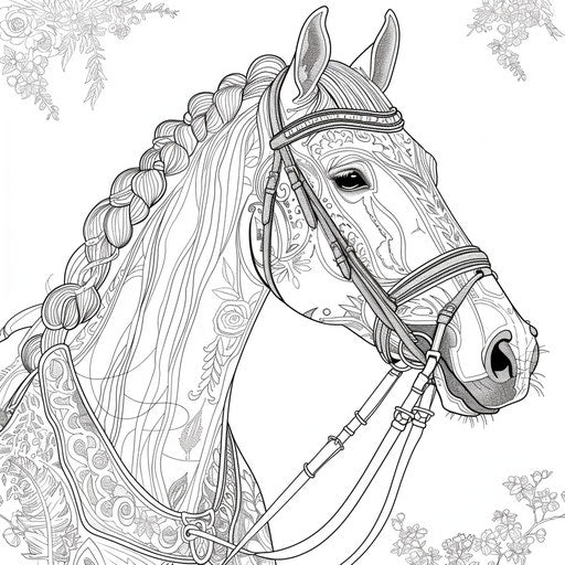 A horse with a braided mane and decorative tack. Coloring book page